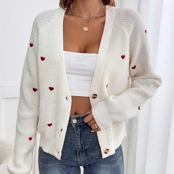 Beige Casual Women's Heart Embroidery Button Front Cardigan - Picture 3 of 6
